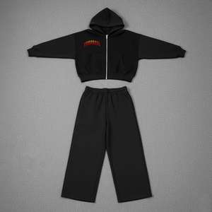 Ensemble de survêtement en molleton surdimensionné de qualité supérieure pour hommes, sweat à capuche à fermeture éclair lourd et pantalon de survêtement à jambes larges, ensemble de streetwear d'hiver en deux pièces - Product Image 5