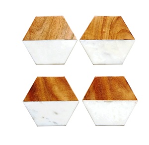 Marble Coasters Set of 6 Handcrafted Natural <b>Wood</b> And Marble Mango coaster Made In India - Product Image 4