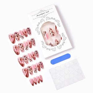 24 pièces de faux ongles amande œil-de-chat <span class=keywords><strong>automne</strong></span>/hiver, manucure française 3D, motifs fleurs et imprimé léopard, vente en gros - Product Image 2