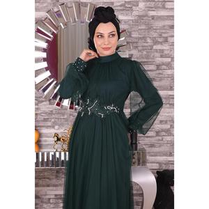 Vestido de Noche Largo, Corte en A, con Detalles de Encaje y Perlas, Tul con Decoración de Cristales y Flores, Talla XL, Color Liso, Poliéster, para Fiestas - Product Image 2