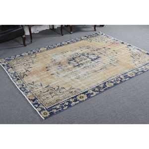 พรมขนสัตว์สไตล์ตุรกีวินเทจ, สีเบจสีน้ำเงิน6'1 "x 8'5" "ผืนใหญ่ทรงสี่เหลี่ยมผืนผ้าลายแอบสแตรกสำหรับพรมห้องโถงยาง - Product Image 4