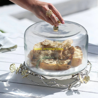Support à gâteau rond en acier inoxydable résistant à la chaleur avec couvercle en verre, base en forme de branche d'arbre argentée, décoration de feuilles dorées, présentoir pour mariage et fête