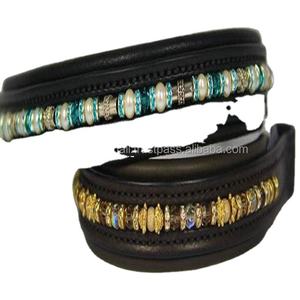 Banda de cuero de alta calidad hecha a mano para cejas de caballo, incrustación de canal vacío y relleno con perlas y cadena de piedras - Product Image 1