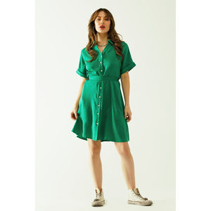 Vestido Mini Verde Relajado con Cinturón, Botones Delanteros, Decoración Drapeada, Cintura Natural, Transpirable, Largo hasta la Rodilla, Uso Diario, Suministro ODM - Product Image 2