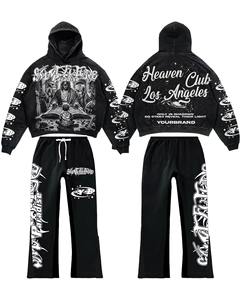 Logo personnalisé délavé à l'acide 100% coton pulls à capuche et pantalons évasés pour hommes ensemble de survêtements d'été décontractés 2 pièces pour hommes - Product Image 1