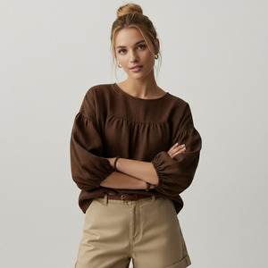 Chemise courte en lin décontractée pour femmes avec manches bouffantes Printemps Été Lavable Design simple - Product Image 4