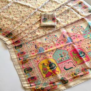 ผ้าซิ่นไหมแท้ VASTRA COTTAGE รุ่น Pure Softy พร้อมลายปักดิจิตอลแบบ Zari Jacquard ดีไซน์พิมพ์ลายผ้าพัชมีนา  ตกแต่งด้วยดิ้นดอริ พร้อมเสื้อคลุม - Product Image 2