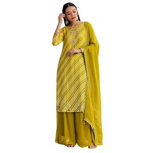 Giallo senape e verde chiaro Georgette Kurta Palazzo completo con Moti Work e Gota pizzo all'ingrosso abbigliamento etnico da donna - Product Image 2
