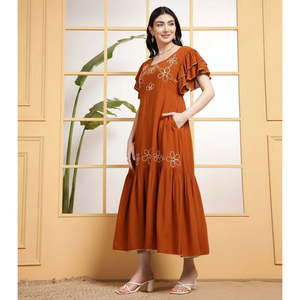 Deebaco Women's A-Line Brown Viscose Maxi <b>Dress</b> Ruffle Sleeves Scoop Neck Loose Fit Summer Dropped Waist Pockets - Product Image 3