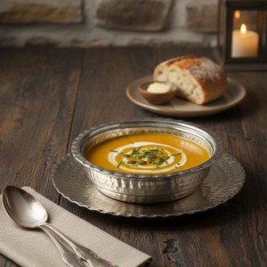 <b>Vintage</b> Style Hammered Copper Soup Bowl with Saucer Dishwasher <b>Safe</b> Metal Dinnerware Set - Product Image 1