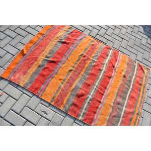 Orange Gray Vintage Turkish <b>Rug</b> 3.8 X 5.3 ft Classic Boho Flat Weave <b>Jute</b> Carpet for Living Room Patchwork Design Latex Backing - Product Image 4