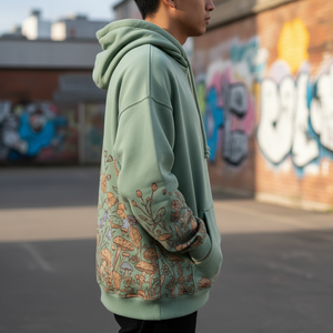Sweat à capuche unisexe en coton 100% avec motif de champignons et de fleurs sauvages, style Cottagecore, vert sauge, coupe régulière, streetwear, polaire d'hiver - Product Image 3