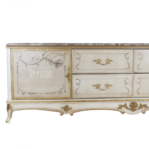 Meuble TV classique de luxe en bois ivoire avec détails floraux peints à la main - Product Image 3