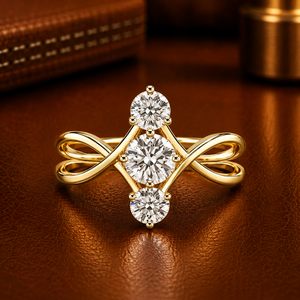 Bague personnalisée à trois pierres en diamant de laboratoire taille brillant rond, en or pur 14K, avec bande croisée, pour tenue de mariée, bagues de mariage et de fiançailles - Product Image 1