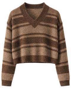 Custom Brown Striped Women V Neck Sweater Soft Knit Pullover Long Sleeve Winter Casual Fashion Jumper For Wholesale Supply - Product Image 1