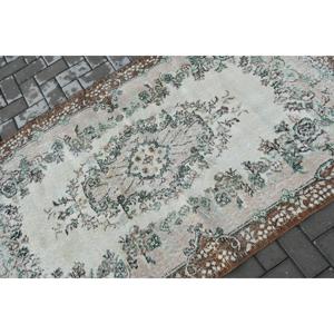 Turkish Vintage Rug, Accent 3.7x6.46 ft (114x197 cm) Rug, <b>Brown</b> Check <b>Wool</b> Rug - Product Image 5