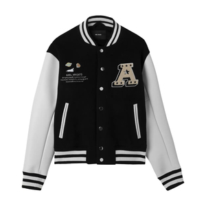 Chaqueta universitaria de béisbol básica para hombre con cuello levantado, ropa de abrigo personalizada para temporada de invierno, bombardero con letras de cuero de retazos bordados - Product Image 1