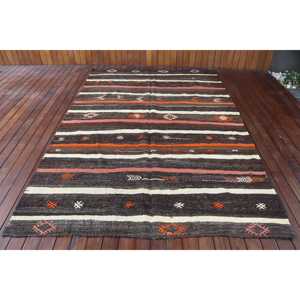 Turkish Rug, Large 5,8x9,1 ft Vintage Rug, <b>Brown</b> Orange Striped <b>Wool</b> Rug - Product Image 1