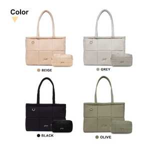 กระเป๋าโท้ทผ้าซาตินลายควิลท์สีพื้น พร้อมกระเป๋าใบเล็กเข้าชุด ขนาดใหญ่ จุของได้เยอะ สีเบจ กันน้ำ ปิดด้วยซิป เหมาะสำหรับใช้ในชีวิตประจำวัน - Product Image 2