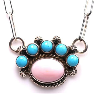 Southwestern <b>Bear</b> Paw Necklace Sterling Silver Sleeping Beauty Turquoise <b>Pink</b> Opal Jewelry with Paperclip Chain - Product Image 1