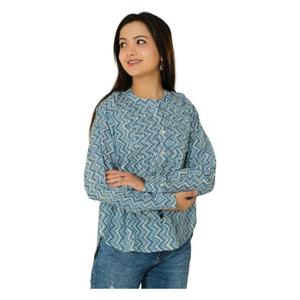 Blusa de algodón para mujer hecha a mano de manga larga Boho Pintuck botón decoración bloque estampado verano Formal Tops Tejido estilo de moda - Product Image 2