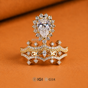 Guardian Angel <b>Chandelier</b> Ring, 1.01 CT Pear Cut Lab Grown Diamond Bridal Set, Diamond Wedding Set, Diamond Crown Tiara Ring Set - Product Image 4