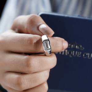 East West Emerald Cut Diamond <b>Ring</b> for <b>Men</b> Bezel <b>Set</b> Engagement <b>Ring</b> - Product Image 6