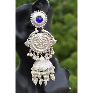 Nouvelle conception, boucles d'oreilles créoles jhumka en laiton aspect argent, faites à la main, style traditionnel, avec pierres, pour filles et femmes - Product Image 5