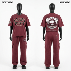 Premium 240 GSM cotton terry t shirt and cargo pants set <b>maroon</b> soft wash screen print custom logo streetwear Women's Sets - Product Image 1