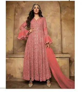 重型狐狸乔其纱刺绣丝绸作品Salwar Kameez长阿纳卡利婚纱和传统功能服装女性套装