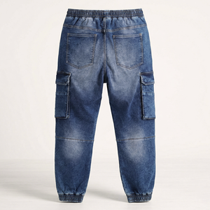Pantalon cargo en jean pour homme, taille élastique avec cordon de serrage, en toile de coton, décontracté, plusieurs poches, style délavé - Product Image 2