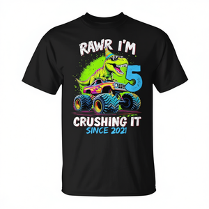 Maglietta con dinosauro e monster truck per il 5° compleanno del 2021, regalo promozionale per bambini di 5 anni, per il bambino che ha 5 anni. - Product Image 2