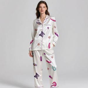 Customizable Adult Satin Silk Luxury Breathable Pajamas <b>Set</b> Digital Print Summer 2-Piece Sleepwear with Elastic Waistband - Product Image 6