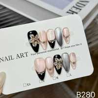 Faux ongles à presser faits à la main B280, forme amande, couvrance totale, motif floral 3D, style français pour doigts