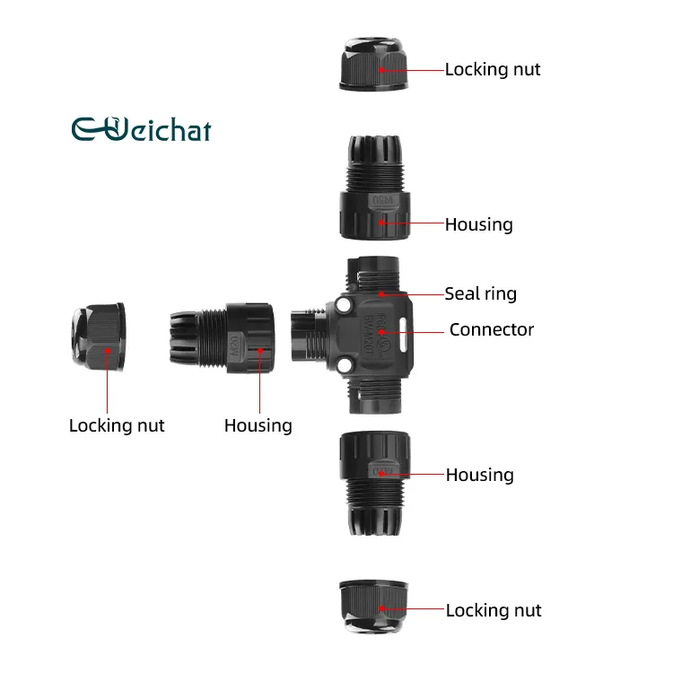 E-weichat2/3ピンT字型ワイヤー接続外部電気産業用電源ケーブルIP68防水コネクター
