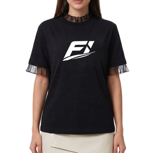 Women's Short Sleeve T Shirt Mesh Ruffle <b>Mock</b> <b>Neck</b> Loose Fit Casual Cotton Blend Fashion <b>Top</b> Custom Logo women's shirt - Product Image 1