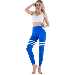 Leggings de yoga pour femmes à rayures taille haute avec logo de la jambe droite fermeture à la taille élastique pantalon en nylon Spandex 220g - Product Image 3