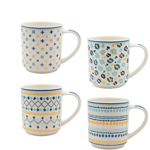 Set di 4 tazze di porcellana blu giallo bianco 340ml con motivi geometrici/animali per tè latte cioccolato caldo tazze in ceramica - Product Image 1