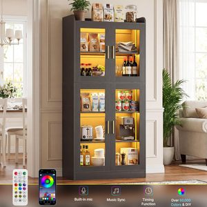 Librero Moderno de Madera Gris Oscuro con Puertas de Vidrio y Luces LED, Mueble Alto para Oficina en Casa, Estantería para Archivos - Product Image 5