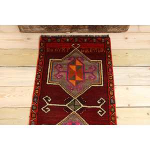 Tapis turc vintage 1,7x3,5 pi (52x108 cm), tapis rouge ombré - Product Image 3