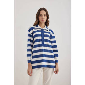 <b>Navy</b> Blue Striped Knitted Blouse for Women-Stand Collar Long Sleeve Autumn <b>Top</b> - Product Image 1