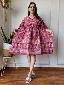 Custom Made Bohemian Cotton <b>Kaftan</b> <b>Dress</b>-Printed Short Style Breathable Eco-Friendly Natural Waist <b>Summer</b> Ready - Product Image 2