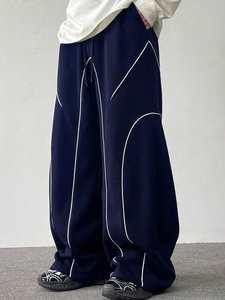 <b>Navy</b> Wide Leg <b>Men's</b> Sweatpants 100% Cotton Mid Drawstring Heavyweight Vintage Streetwear <b>Jogger</b> Trousers White Piping Stitch - Product Image 2
