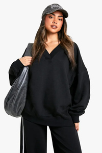 Venta caliente negro escote en V sudadera de gran tamaño para mujer puños acanalados y dobladillo hombro caído mujeres sudaderas con capucha de entrenamiento mujeres - Product Image 2
