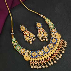 Indian Bollywood 14K chapado en oro Kundan perla Multicolor Boda nupcial collar pendientes conjunto de joyas - Product Image 1
