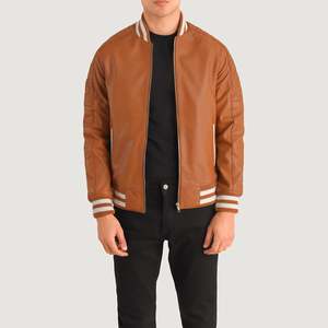 Street Fashion Men Zipper Casual Brown Leather Varsity Jacket New Winter Collection Custom <b>Logo</b> Men Varsity Jacket - Product Image 1
