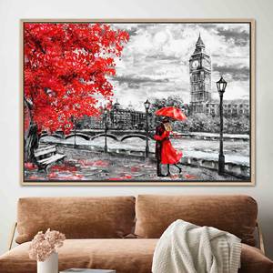 Toile d'art moderne imprimée - Scène de Londres avec parapluie rouge, 1P : encadrée or - Product Image 1