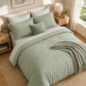 OEM Custom 7 Piece Bed in a Bag Comforter Set Sage <strong>Green</strong> <strong>Striped</strong> Microfiber <strong>Bedding</strong> with Sheets and Pillow Shams - Product Image 2