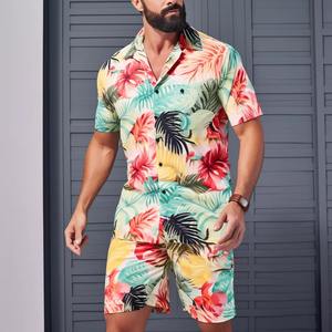 Vente en gros Ensemble 2 pièces vêtements pour hommes Chemise habillée Chemises à fleurs hawaïennes avec logo personnalisé Ensemble de t-shirts pour la plage boutonné - Product Image 1