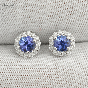 14K กระดุมทองสีขาว4มม. ต่างหูเพชร Tanzanite ธรรมชาติชุดง่ามอัญมณีสำหรับงานแต่งงานงานหมั้น - Product Image 6